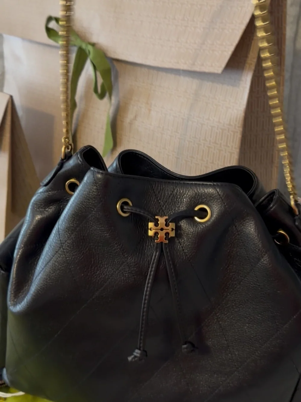 Tory Burch Charlie Quilted Leather Drawstring Shoulder Bag with Gold Chain